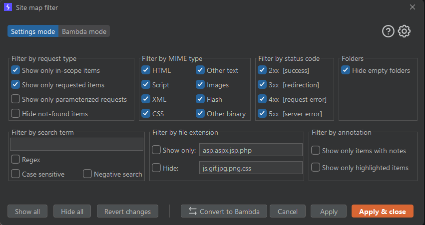 Site Map filtering options