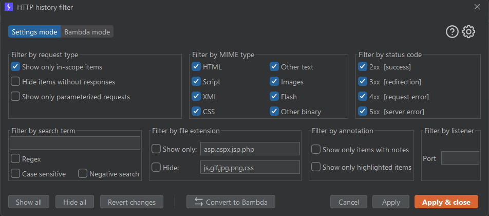 HTTP History filtering options