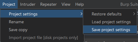 Saving the Burp project settings